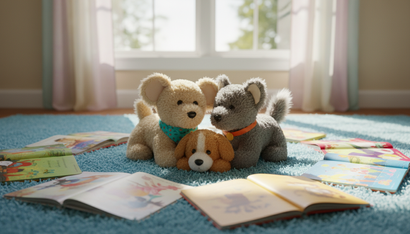 A trio of plush, photorealistic toy dogs—Tibby, a light-golden fluffy puppy with oversized round ears and a turquoise bandana; Maximus, a charcoal-gray energetic pup with a bushy tail and orange collar; and Kolbe, a small, caramel-brown dog with a white-tipped nose—cuddle together on a soft, sky-blue reading rug. They're surrounded by a semicircle of brightly colored, hardback children's books open to whimsical illustrations. Sunlight filters in through a tall window with pastel curtains, casting playful beams and gentle shadows on the soft, rounded forms. The mood is joyful, playful, and inviting, captured from an eye-level, wide-angle perspective with sharp focus and a vibrant, photographic realism to celebrate the world of children's literature.