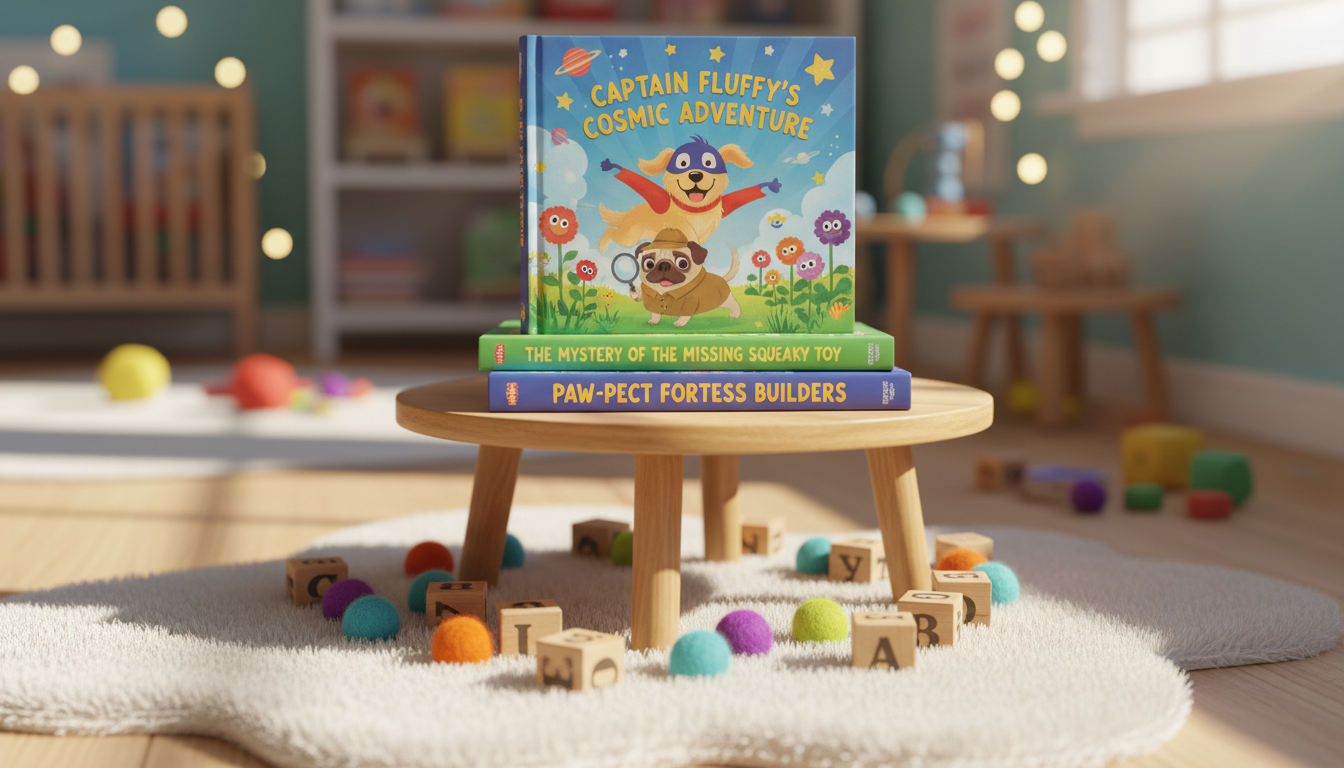 A whimsical stack of three illustrated children’s books, each with vibrant, glossy covers featuring playful, cartoon-style dog characters in action poses. The stack rests atop a low, round wooden table with a soft, white cloud-shaped rug underneath. A border of scattered wooden alphabet blocks and colorful felt balls adds energy and dimension. The scene is bathed in warm, diffused morning light from a nearby window, highlighting the saturated colors and rounded forms. Shot with a shallow depth of field, the books remain in sharp focus while the playful background blurs into a soft, cheerful bokeh, evoking a playful yet orderly mood, aligning with the store’s bright personality.