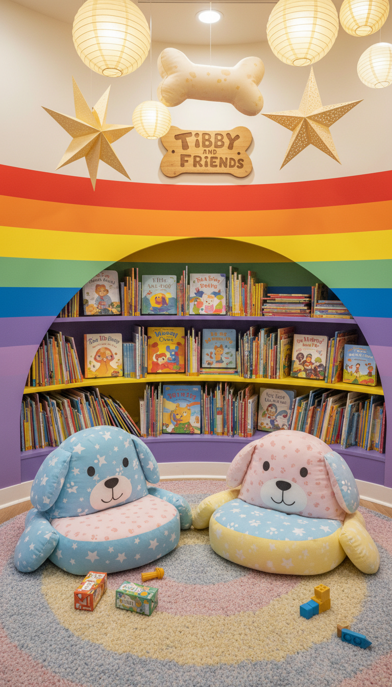 A cheerful, photorealistic interior of a cozy children’s reading nook, featuring two whimsical, oversized dog-shaped floor cushions in soft, pastel hues—one patterned with stars and the other with paw prints. An arching bookshelf built into a rainbow-colored wall curves gently behind the cushions, filled with rows of vivid, illustrated storybooks. Overhead, paper lanterns shaped like cartoon bones and stars diffuse a gentle, ambient glow. The composition is slightly elevated, showing energetic layout and vibrant interplay between rounded forms and bright colors, creating a playful, inviting mood that reflects the fun, welcoming spirit of the 'Tibby and Friends' store.
