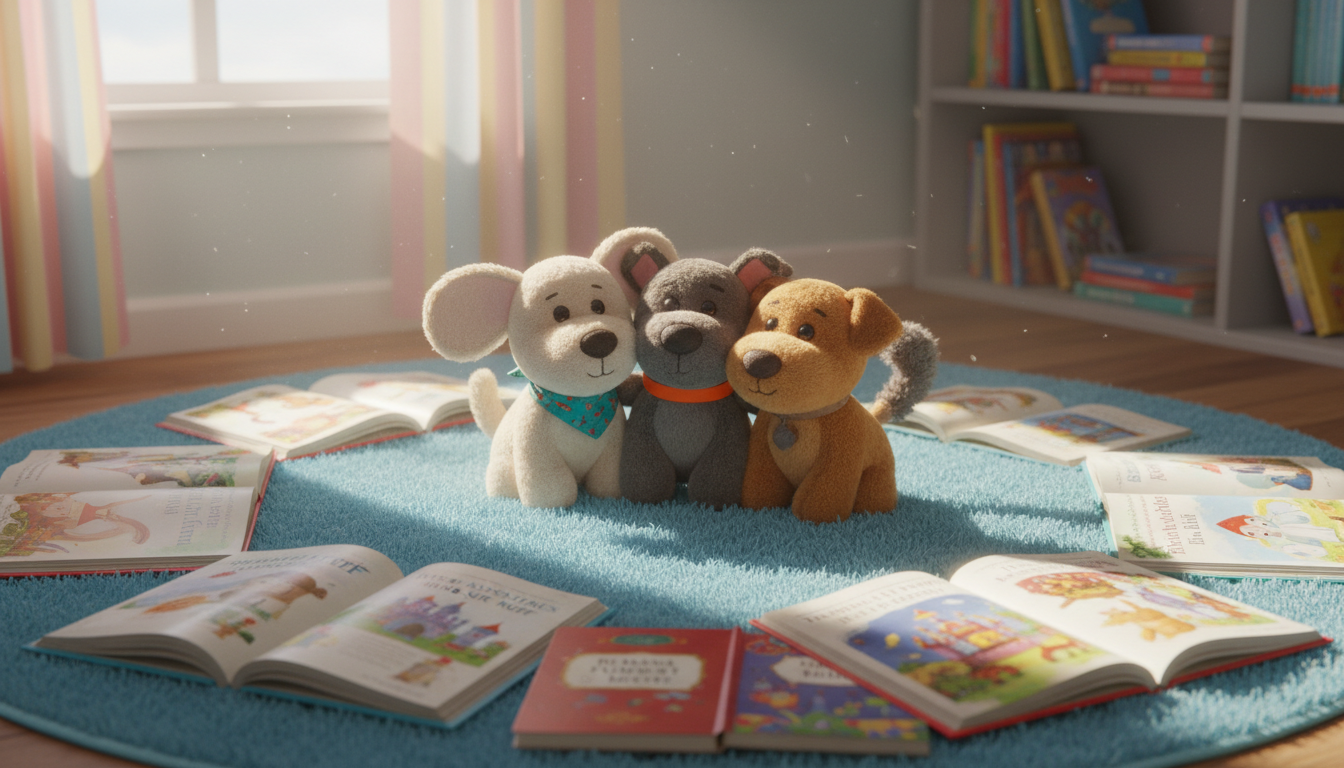 A trio of plush, photorealistic toy dogs—Tibby, a light-golden fluffy puppy with oversized round ears and a turquoise bandana; Maximus, a charcoal-gray energetic pup with a bushy tail and orange collar; and Kolbe, a small, caramel-brown dog with a white-tipped nose—cuddle together on a soft, sky-blue reading rug. They're surrounded by a semicircle of brightly colored, hardback children's books open to whimsical illustrations. Sunlight filters in through a tall window with pastel curtains, casting playful beams and gentle shadows on the soft, rounded forms. The mood is joyful, playful, and inviting, captured from an eye-level, wide-angle perspective with sharp focus and a vibrant, photographic realism to celebrate the world of children's literature.