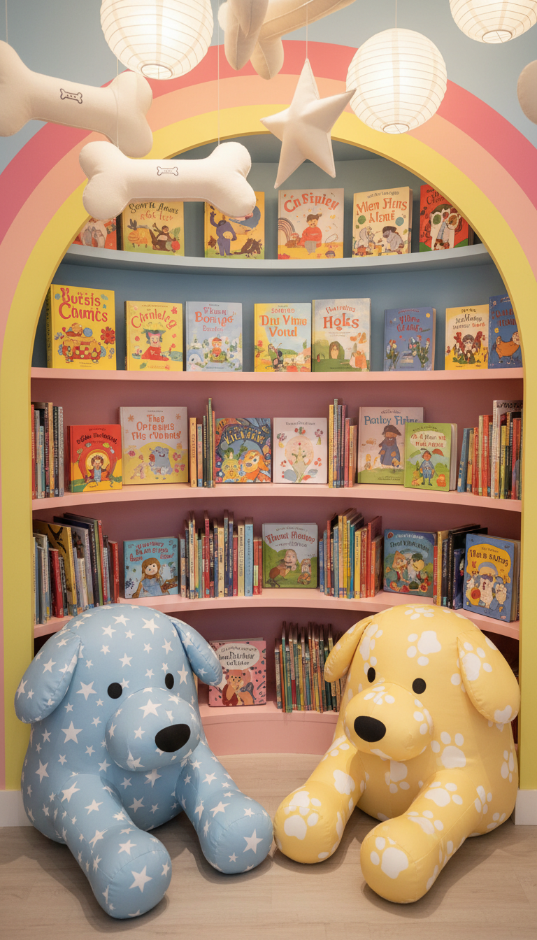A cheerful, photorealistic interior of a cozy children’s reading nook, featuring two whimsical, oversized dog-shaped floor cushions in soft, pastel hues—one patterned with stars and the other with paw prints. An arching bookshelf built into a rainbow-colored wall curves gently behind the cushions, filled with rows of vivid, illustrated storybooks. Overhead, paper lanterns shaped like cartoon bones and stars diffuse a gentle, ambient glow. The composition is slightly elevated, showing energetic layout and vibrant interplay between rounded forms and bright colors, creating a playful, inviting mood that reflects the fun, welcoming spirit of the 'Tibby and Friends' store.