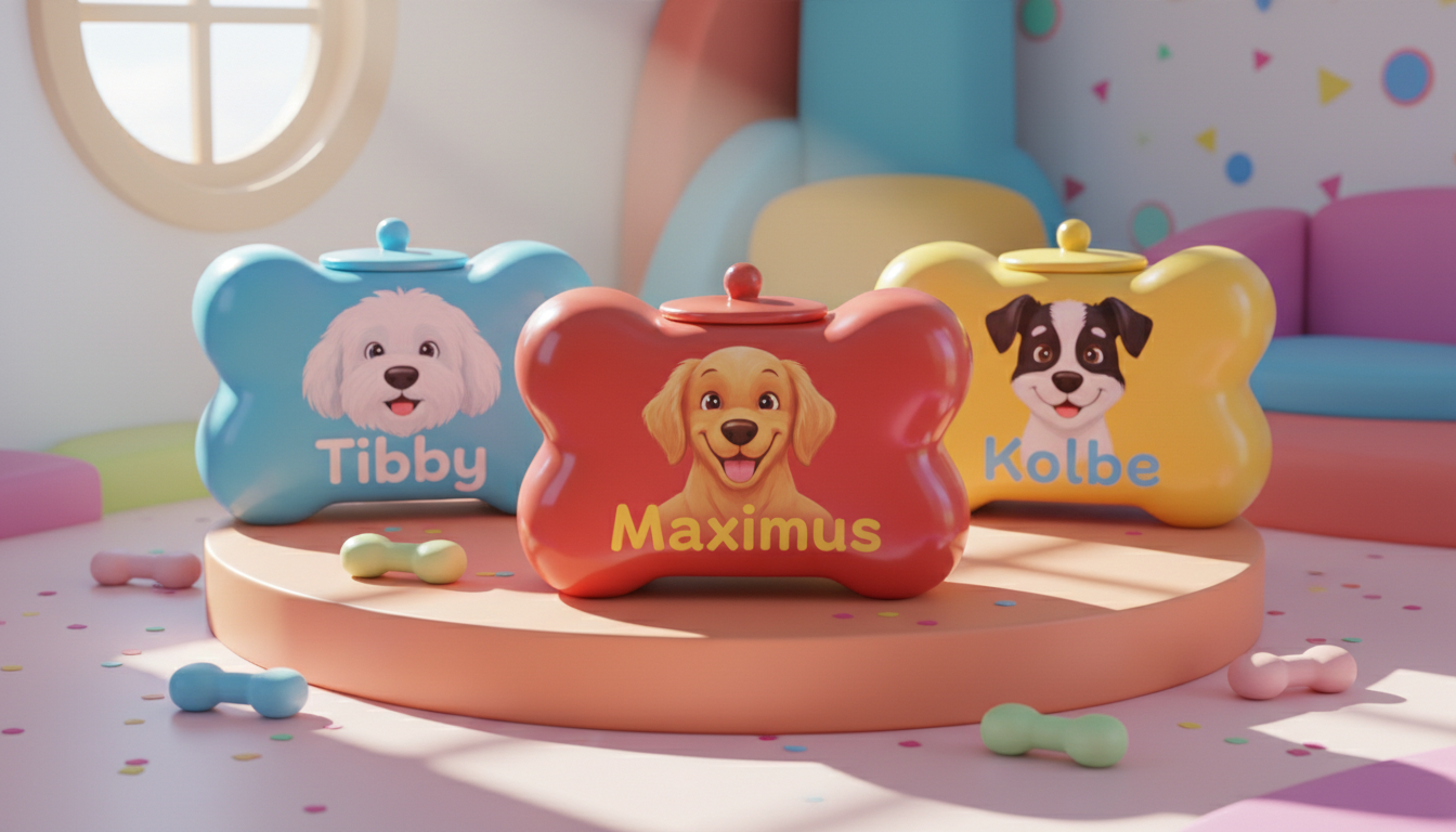 A vibrant, photorealistic display of three decorative, dog-bone-shaped cookie jars, each painted with joyful cartoon portraits of Tibby, Maximus, and Kolbe in vivid shades of blue, red, and yellow. The jars sit atop a bright, round pedestal in a playroom corner, surrounded by a scattering of small, plush toy bones and pastel confetti. Sunbeams coming through a nearby porthole window create soft, lively highlights and subtle cast shadows, enhancing the playful energy. Captured from a slightly elevated, off-center perspective for an energetic layout, the scene emphasizes rounded forms and bold, glossy colors, perfectly echoing the site’s cheerful and whimsical personality.