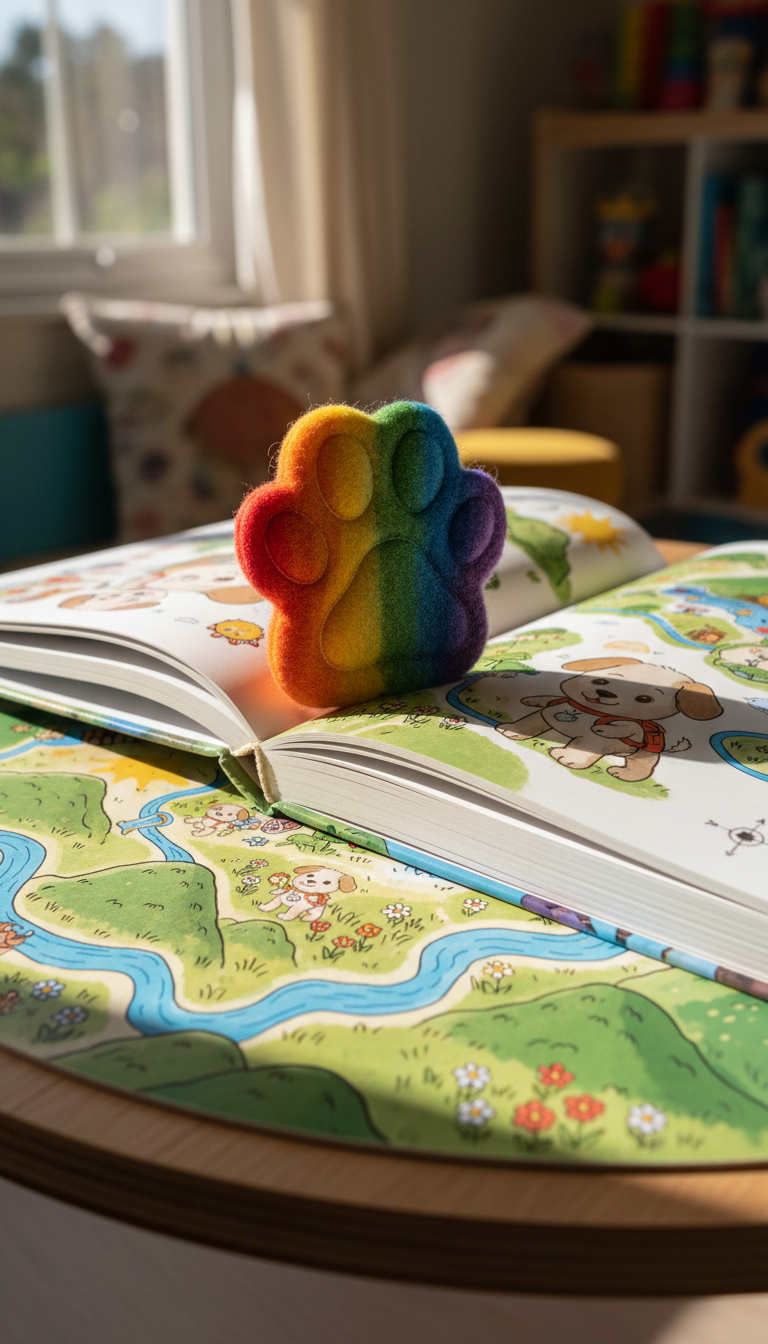 A detailed close-up of a playful, photorealistic paw print bookmark made of thick, soft-edged felt in rainbow hues, peeking out from the glossy, open pages of a hardback children’s book. The book lies on a circular table with a lively, hand-drawn map illustration of a puppy adventure across meadows and hills. Dappled afternoon sunlight streams through, catching the bookmark’s colorful texture and causing the glossy paper to shimmer. Shot from a low, artistic angle with a shallow depth of field, the image highlights inviting details and whimsical forms, exuding the energetic and playful mood of children discovering new stories.